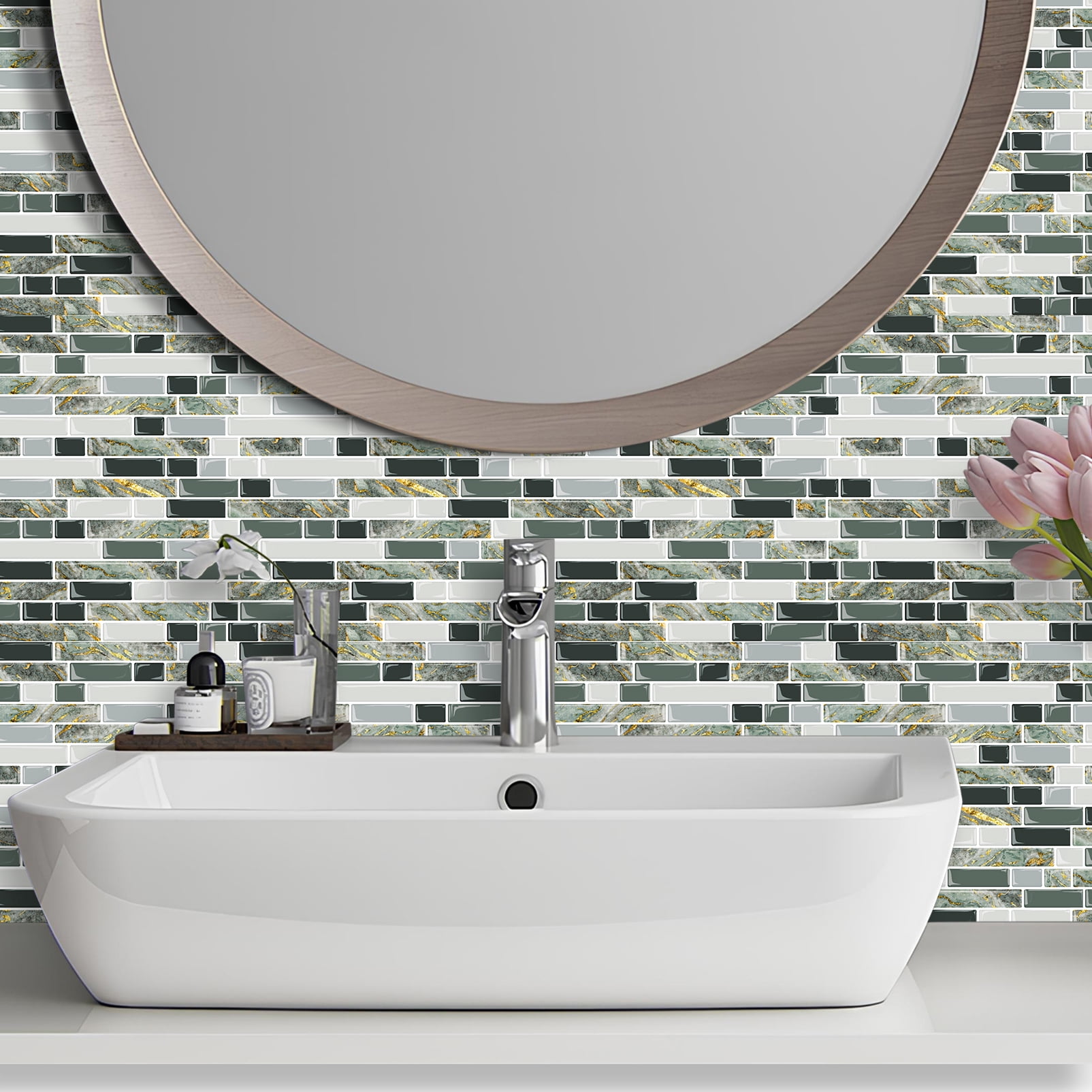 DEWOO Thick Kitchen Peel and Stick Tile Backsplash, Stick on Wall Tiles, 12"x12" Self Adhesive Sticky 3D Wall Marble Tiles Bathroom (10-Sheet，Gray Green)