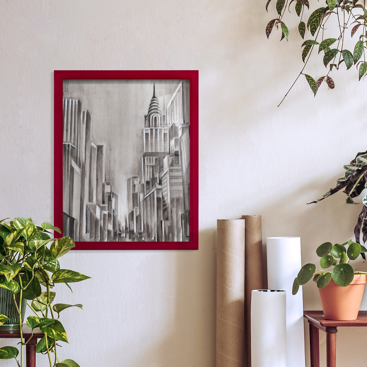 Art Deco Cityscape I -Framed Print w/glass-Cherry Red