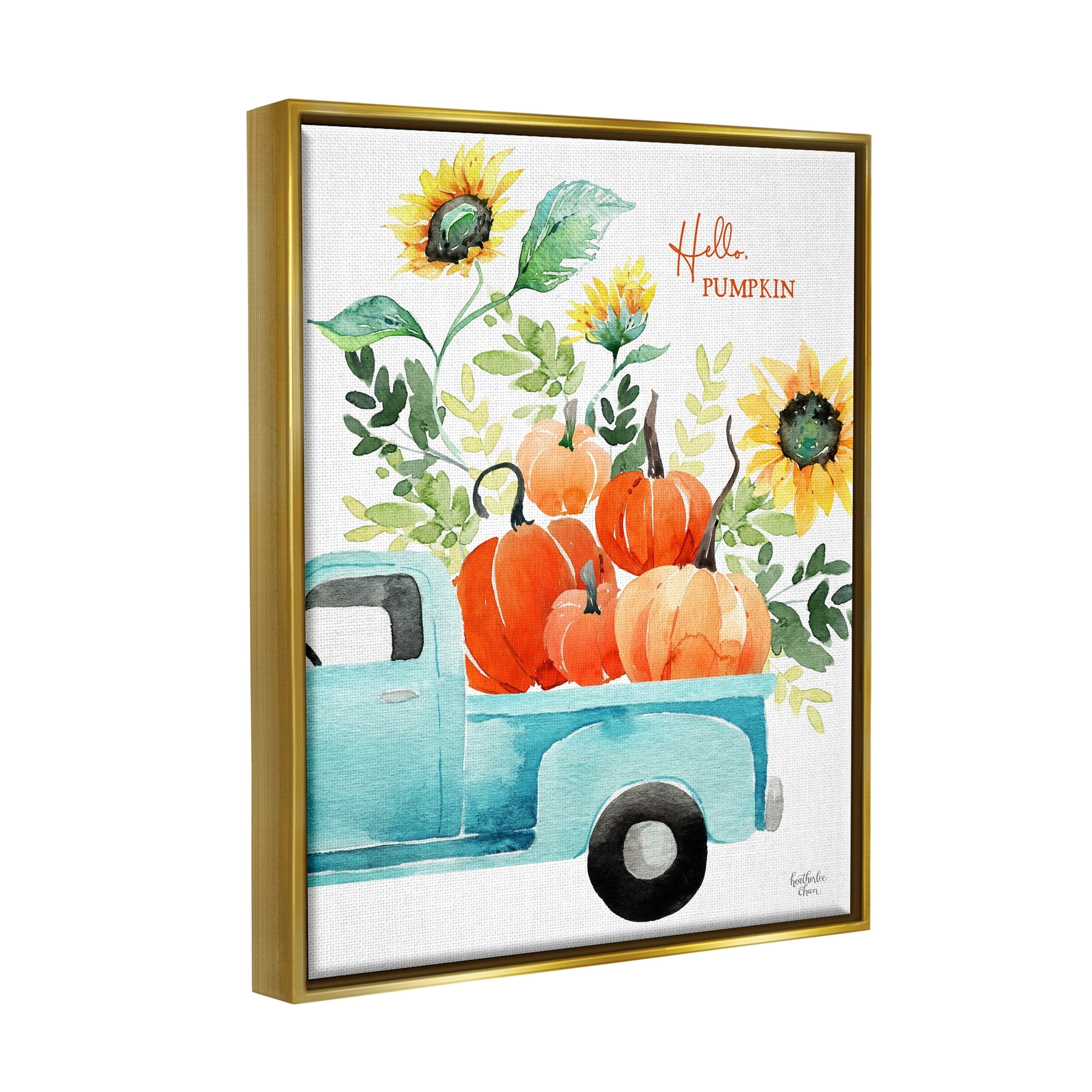 Stupell Industries Hello Pumpkin Autumn Truck Carrying Seasonal Plants Graphic Art Metallic Gold Floating Framed Canvas Print Wall Art, Design by Heatherlee Chan