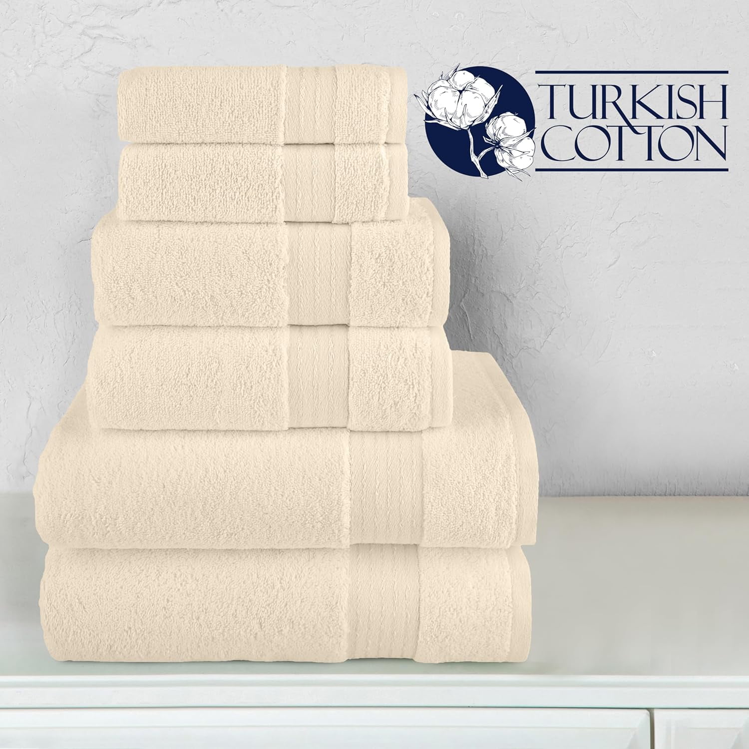 Elegant Comfort Cotton 6-Piece Towel Set, Includes 2 Washcloths, 2 Hand Towels and 2 Bath Towels, 100% Turkish Cotton - Highly Absorbent and Super Soft Towels for Bathroom, Ivory