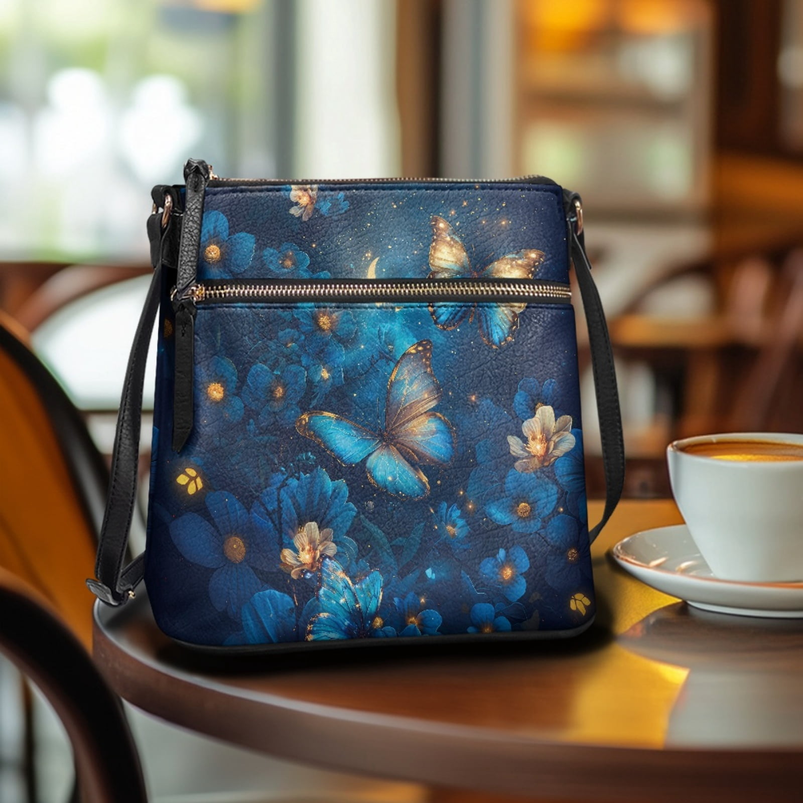 LedBack Butterfly Flower Leather Hobo Bag for Women Crossbody Satchel Bag Shoulder Handbag Purse with Zipper Pocket, Lightweight Messenger Bag for Woman Lady, Blue