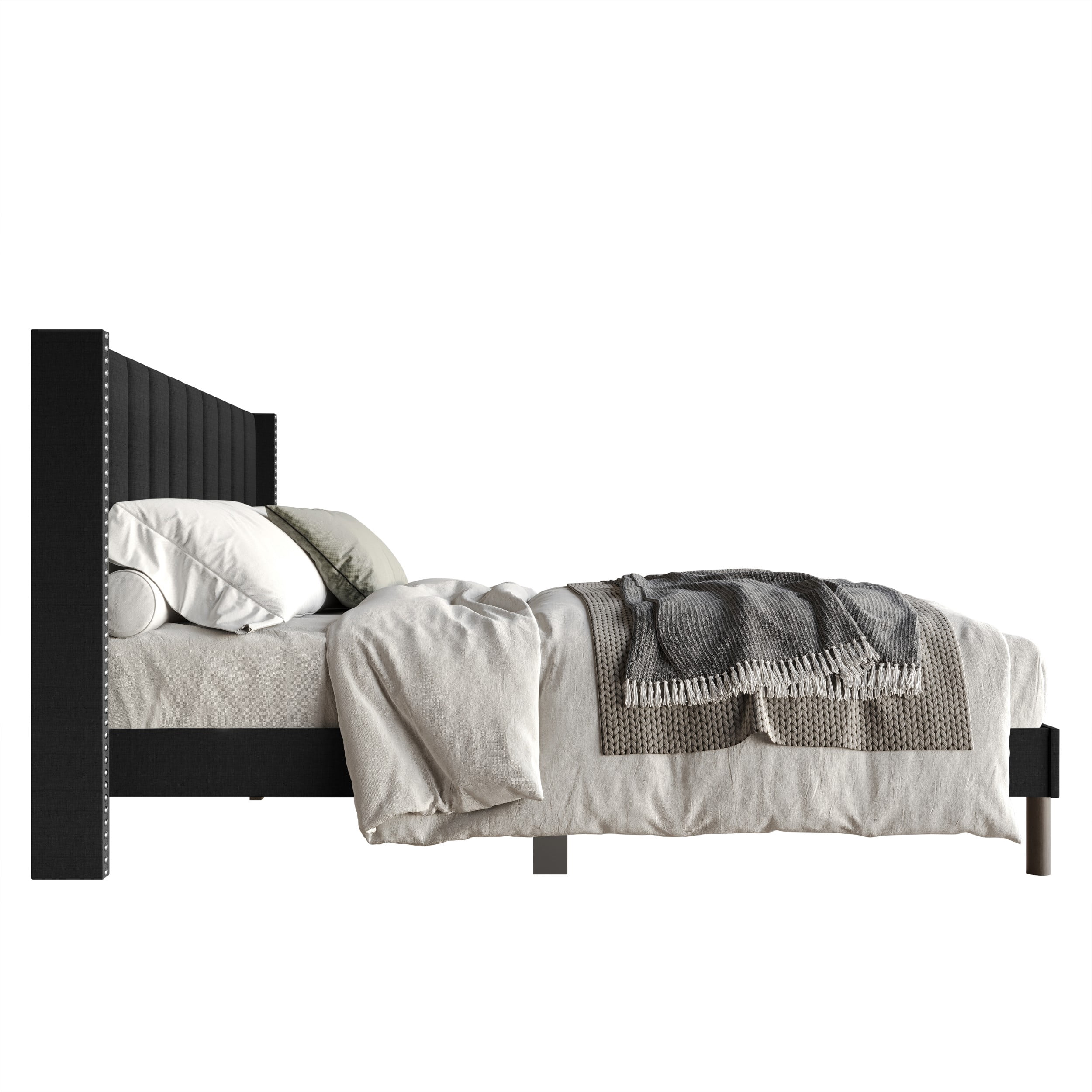 Home Design Odessa Full Linen Upholstered Wingback Panel Bed Frame with Vertical Channel Tufting & Nailhead Trim, Black, Easy Assembly