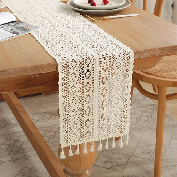 Camino de mesa estilo granja, 24 x 180 pulgadas, camino de mesa bohemio de lino natural con borlas, decoración rústica de granja con diseño de patrón hueco para mesa de café, decoración de fiesta de