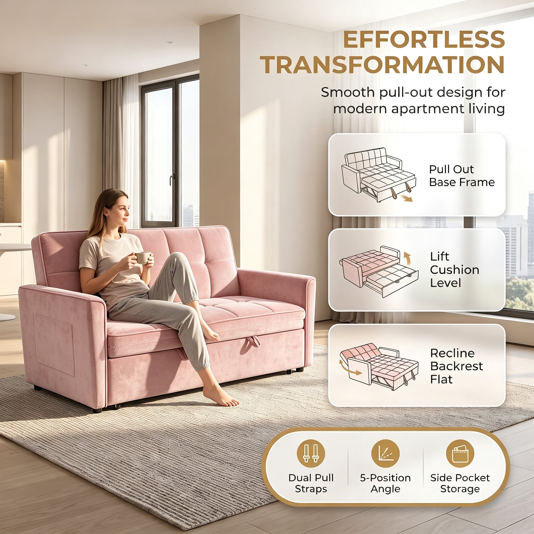 54" Convertible Sleeper Sofa Bed, Modern Velvet 3-in-1 Pull Out Loveseat Couch with 5-Position Backrest & Side Storage Pocket for Living Room, Pink