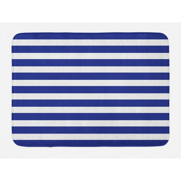 Striped Bath Mat, Nautical Marine Style Navy Blue and White Sailor Theme Geometric Pattern Art