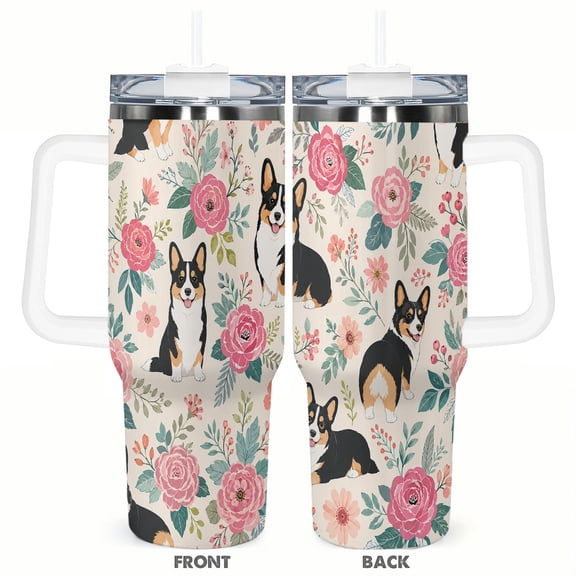 Corgi Floral 40oz Tumbler with Handle Stainless Steel Insulated Travel Coffee Cup Cute Dog Rose Botanical Car Cup Gift for Women