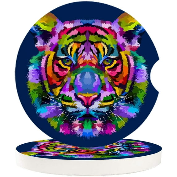 FMSHPON Pop Art Colorful Tiger Dark Blue Set of 6 Car Coaster for Drinks, Absorbent Ceramic Stone Coasters Cup Mat with Cork Base for Home Kitchen Room Coffee Table Bar Decor