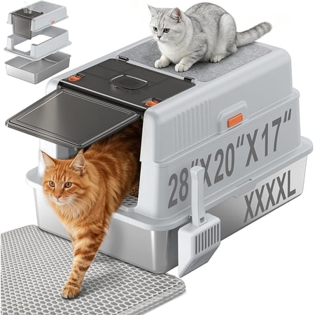XXXXL Stainless Steel Litter Box with Lid,28.0" L × 20" W × 17" H Extra Large High Sided Cat Litter Box for Multi -Cats,Enclosed Metal Litter Box with Cat Scratcher and Scoop,Grey