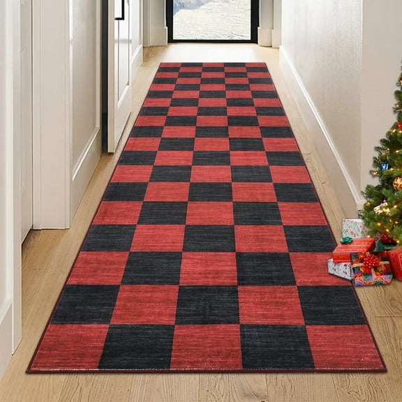 HOMERRY Xmas Rug Plaid Runner Home Decor Carpet Indoor Modern Washable Non-slip Throw Rug for Kitchen 2' x 8' Black/Red