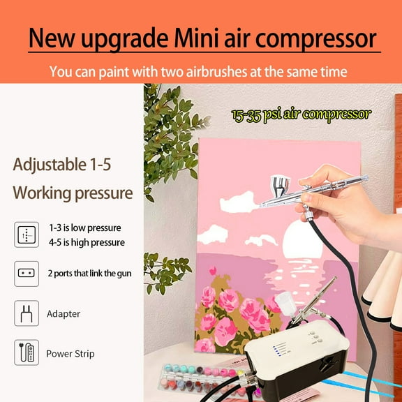 New upgraded 55PSI benchtop airbrush set, gravity fed multi-function airbrush Kit with compressor for model painting,portable air brush kit for cake decoration Makeup airbrush gun kit