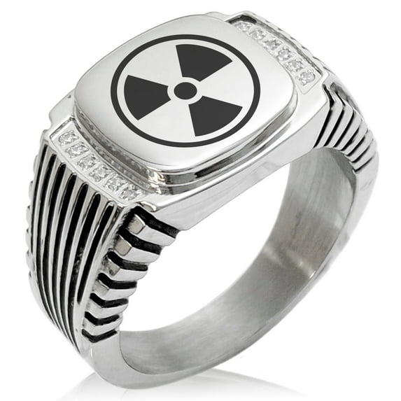 Stainless Steel Encircled Radioactive CZ Ribbed Needle Stripe Pattern Biker Style Polished Ring