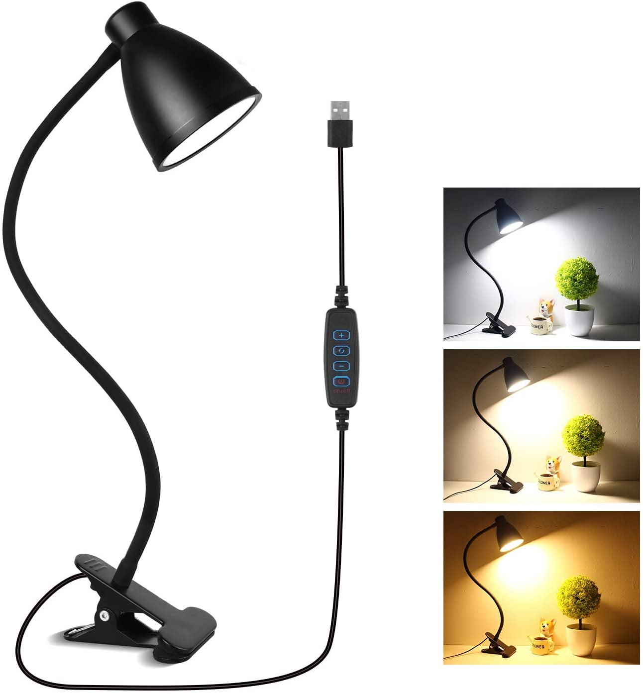 10 Dimmable Brightness 3 Light Modes Reading Light Table Desk Lamp USB Plug-in Powered Auto Off Clip on Light Silver 
