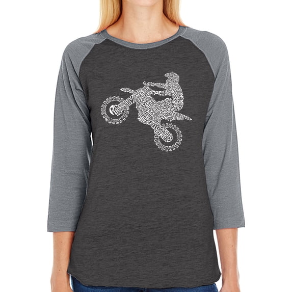 LA Pop Art Women's Raglan Baseball Word Art T-shirt - Freestyle Motocross - FMX