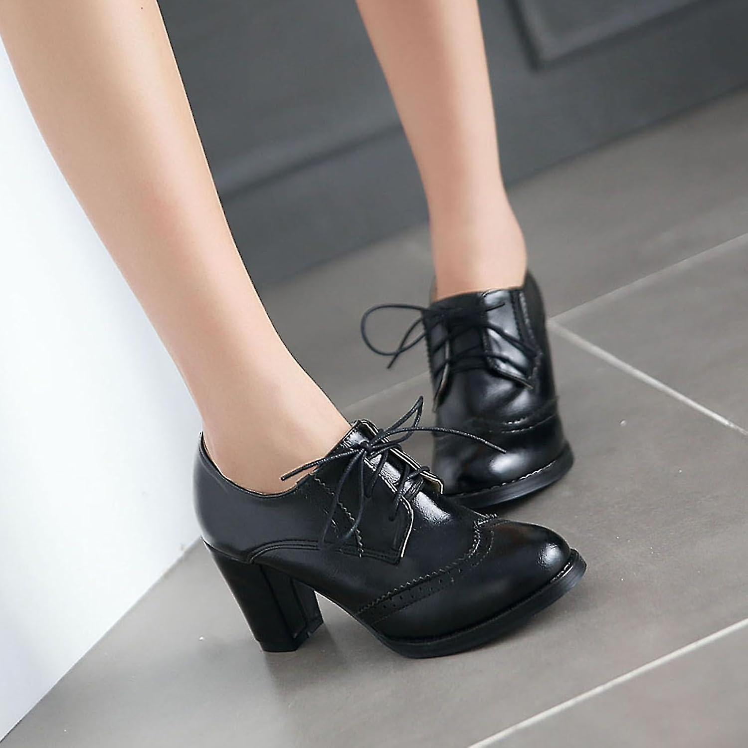 Women s Chunky Block Heels Oxfords Vintage Wingtip Brogues Round Toe Lace up Pumps High Heeled Booties Dress Shoes