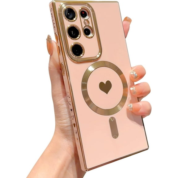 Magnetic Phone Case for Samsung Galaxy S23 Ultra Compatible with MagSafe Cute Heart Case for Women Girls Luxury Plating Full Camera Lens Protect Soft Silicone Cover for S23 Ultra 6.8" (Pink)