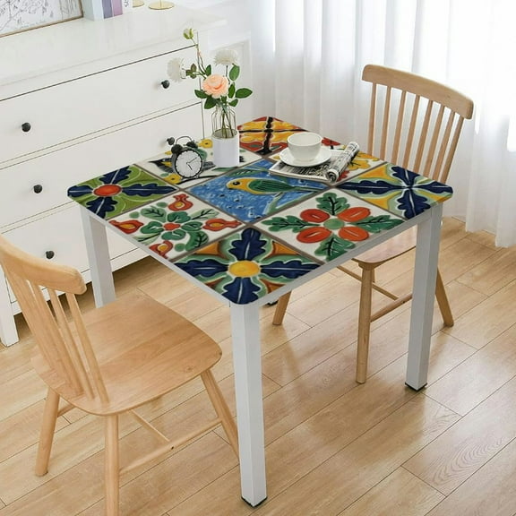 HAOXIT  Traditional Talavera Mexican Square Tablecloth Floral with Birds Tablecloth Table Cover - Waterproof Spill Proof Wrinkle Free for Camping Picnic,Dinner Square Tablecloth 36*36