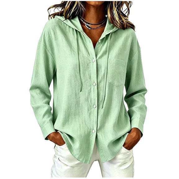 Textilo Cotton Linen Hoodie for Women Long Sleeve Button Down Hooded Gauze Shirts with Pocket Sun Protection Blouses Summer Beach Vacation Casual 2026 Lightweight Tops,Green S