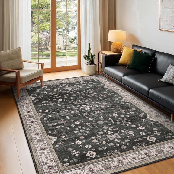 Bleum Cade Farmhouse Washable 5'x7' Area Rug, Dark Gray Vintage Persian Living Room Rug,Ultra Soft Faux Wool Non Slip Low Pile Carpet for Bedroom, Dining Room, Office,Retro Area Rug Indoor Decor