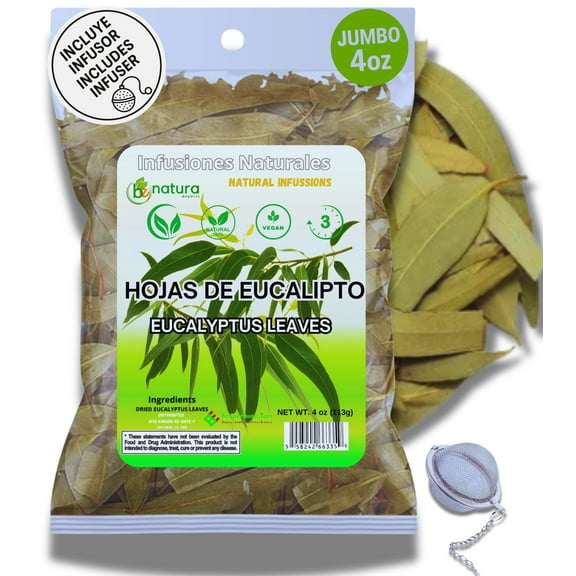 Eucalipto Hoja Té (Dried Eucalyptus Leaf Herbal Tea) – 4 oz (113 g) Loose Leaf – 100% Natural, Vegan, Non-GMO –  Tea Infuser – Premium Eucalyptus Leaves – Hot or Cold Herbal T