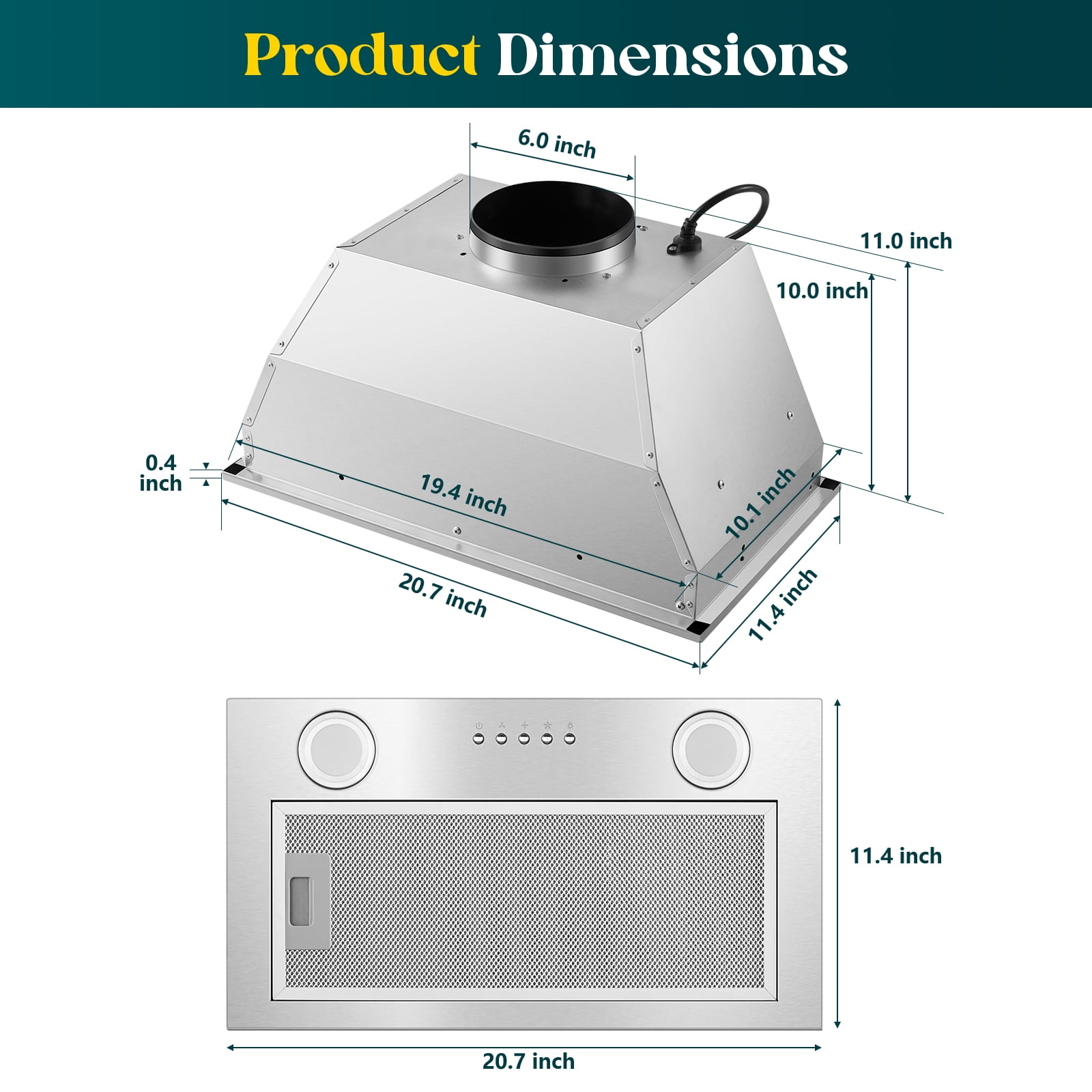 Joeaonz 20 Inch Stainless Steel Range Hood Insert with LED Light & Button Control