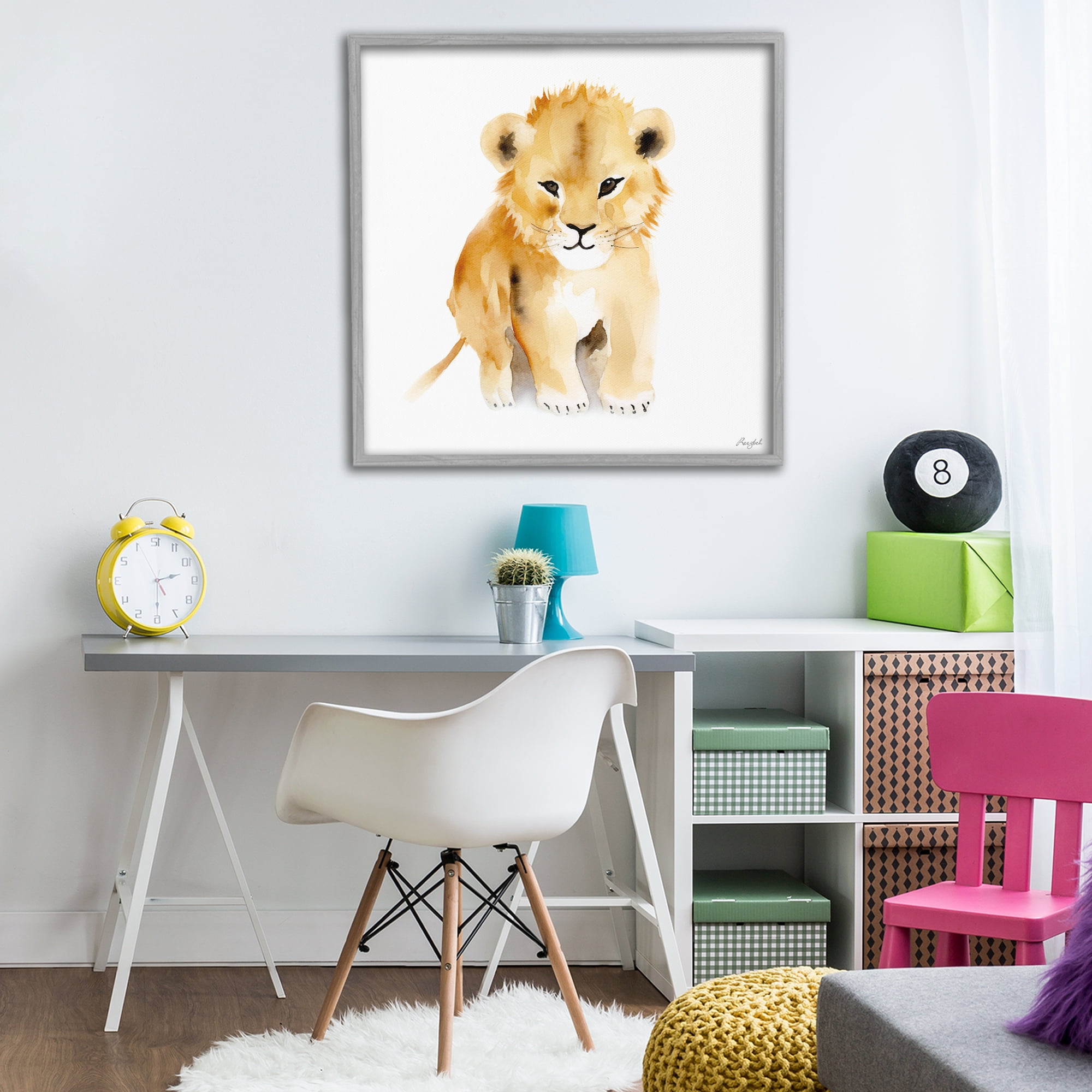 Stupell Industries Minimal Lion Cub Gray Framed Giclee Art, design by Roozbeh