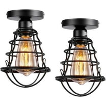 2 Pack Semi Flush Mount Ceiling Light Industrial Black Metal Cage Farmhouse Ceiling Light Fixture for Hallway Porch Stairway Bedroom Kitchen, E26 Base, UL Listed