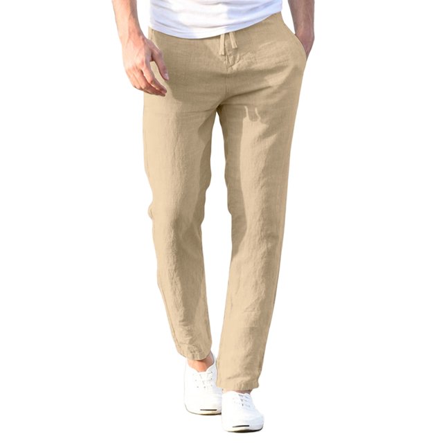Lucakuins Pantalones casuales de lino y algodón para hombre, pantalones sueltos de cintura elástica con cordón de color sólido con bolsillos Lucakuins moda