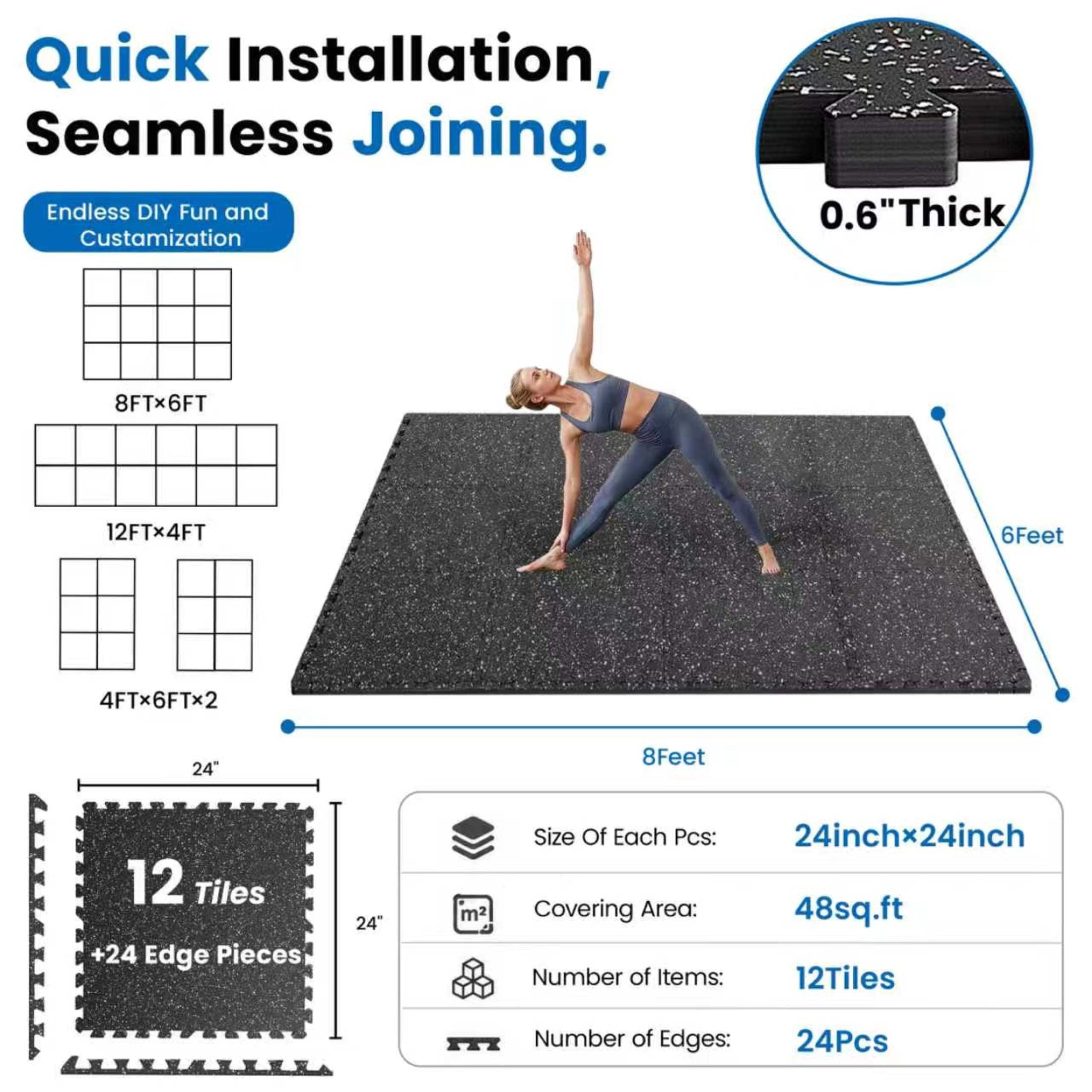 Noble House 0.6" Thick Interlocking Rubber Top & EVA Foam Floor Workout Mats for Gym, Yoga, 12 Tiles, Black & White