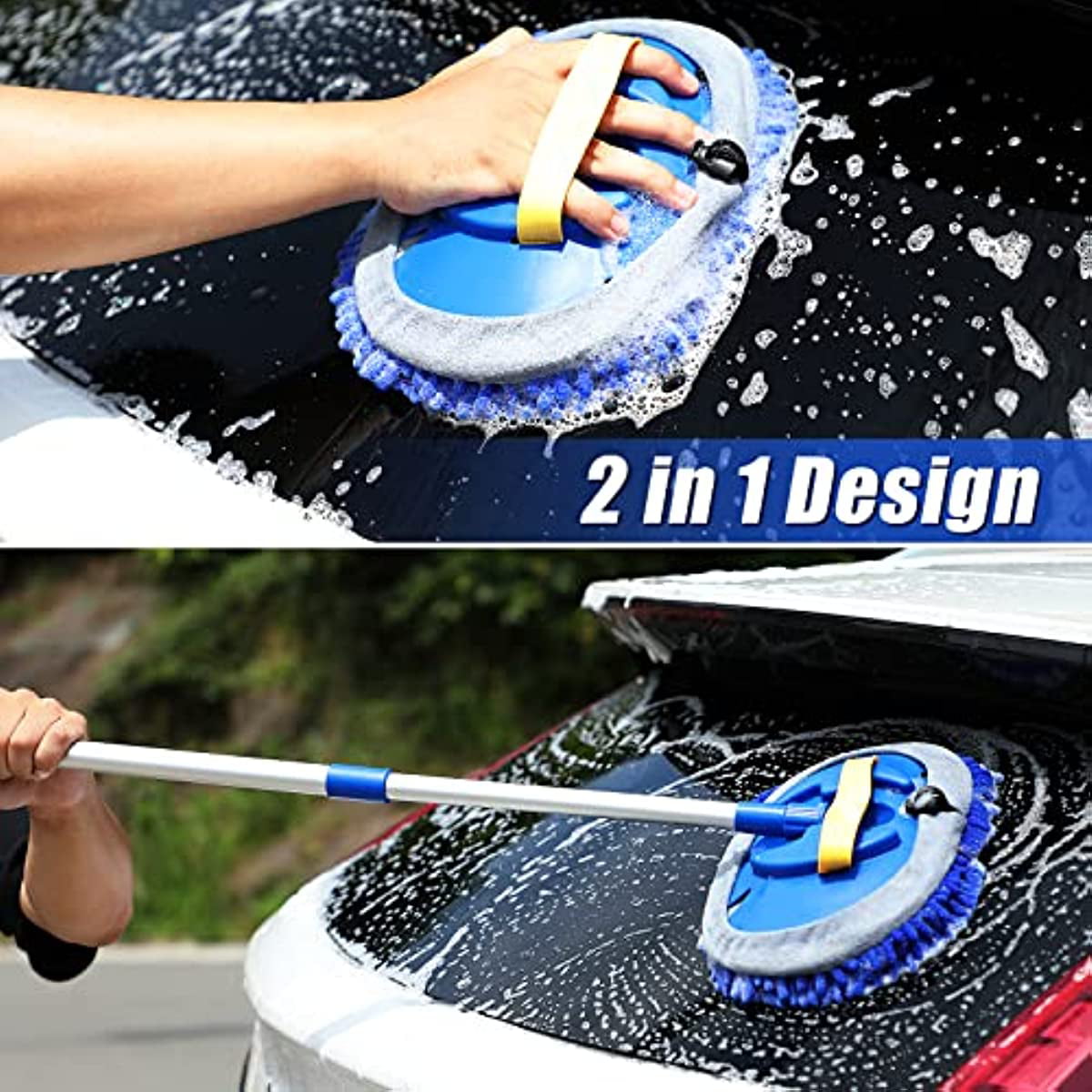 Car Wash Brush Kit with 41" Long Handle,5 in 1 Car Cleaning Mop,Microfiber Car Wash Brush,Glass Scrubber Vehicle Cleaner Kit,Blue