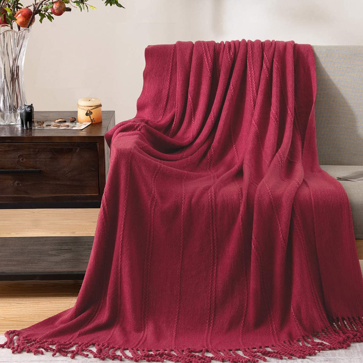最終値下げ Wine Red Cotton Knit Throw Blanket for Couch Sofa Bed - Home  Decorative Sof 毛布、ブランケット