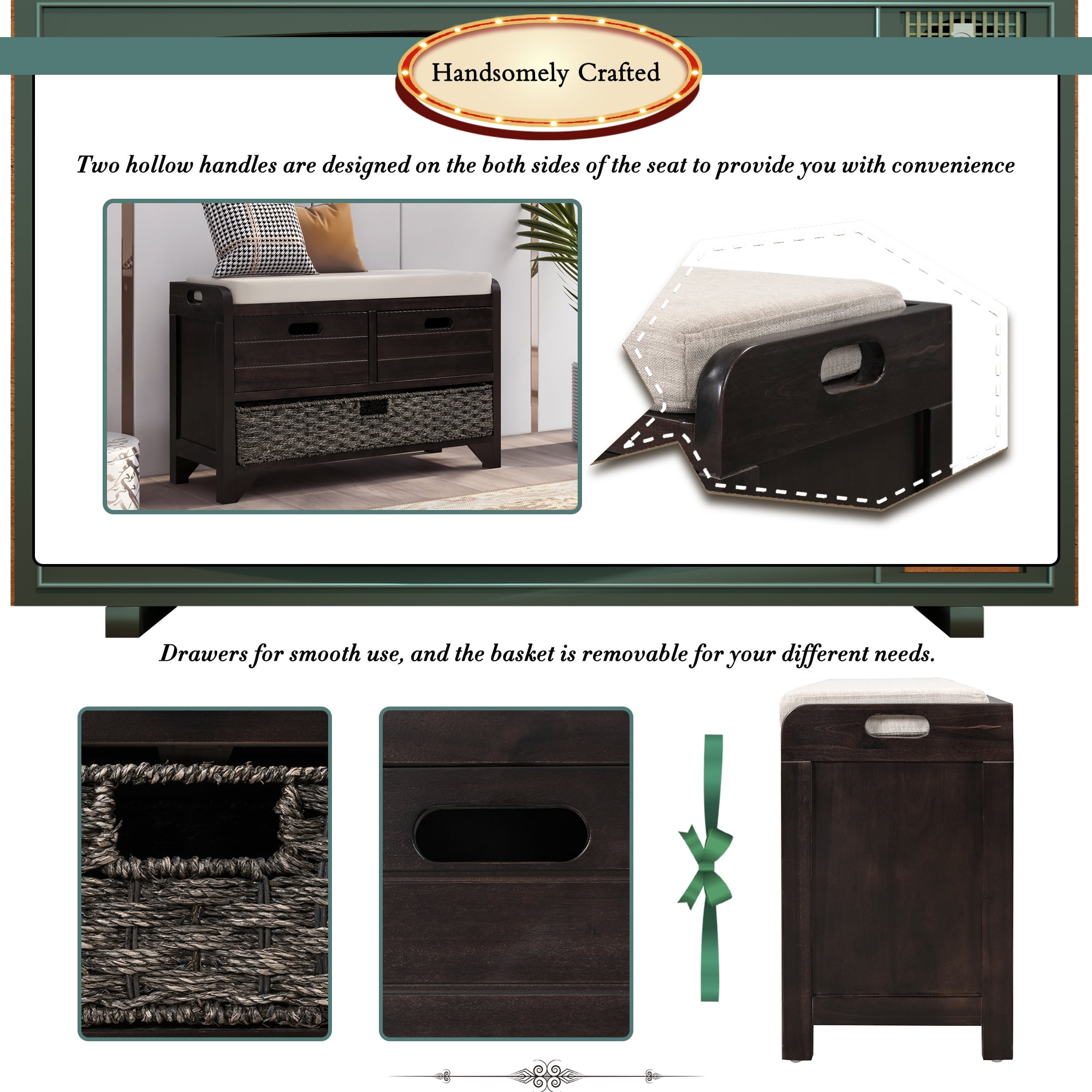 Aukfa Wood Storage Bench with Removable Basket and 2 Drawers for Entryway - Espresso