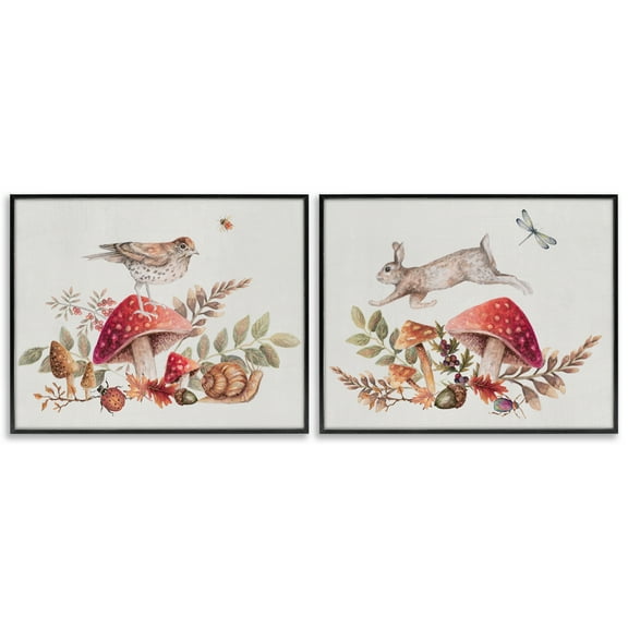 Stupell Industries Woodland Bird Rabbit Mushrooms Plants & Flowers Painting Black Framed Art Print Wall Art, 14 x 11, Set of 2