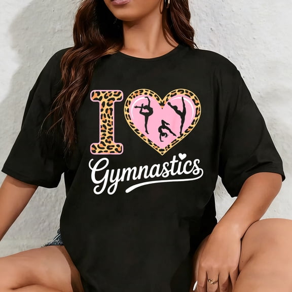 100% Cotton I Love Gymnastics Girls Rhythmic Gymnast Animal Print Heart T-Shirt