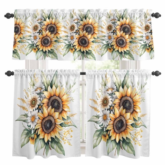 Sunflower Kitchen Curtains Sets for Windows 36 Inch Length, Watercolor Summer Botanical Daisy Rod Pocket Window Treatments Tier Curtains and Valances Set for Bedroom/Bathroom