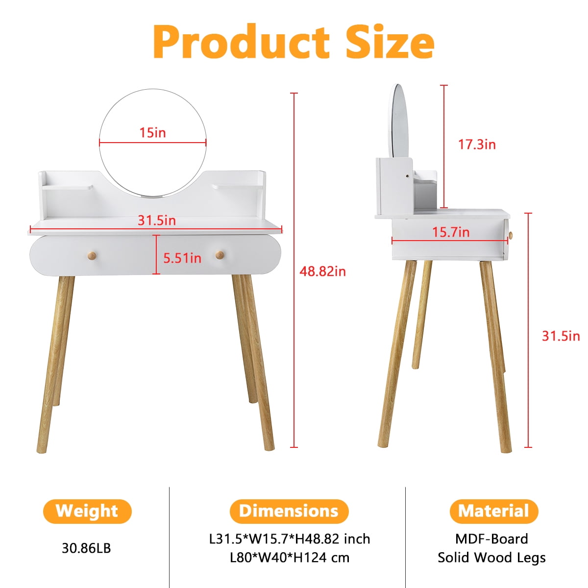 ANJORALA Vanity Table Set with Mirror, Adult Makeup Vanity Desk Dressing Table(Without Stool)