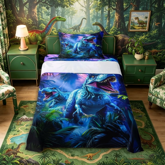 Metsweet Abstrcat T-Rex Twin Sheets 3pcs, Jungle Tropical Leaves Bedding, Blue Green Purple,1 Fitted Sheet, 1 Flat Sheet and 1 Pillowcase