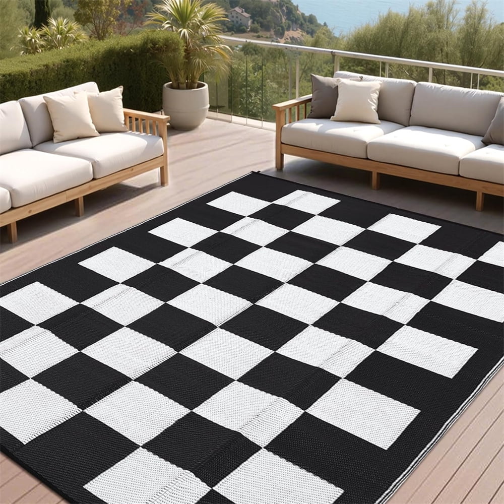 Outdoor Rugs 8x10ft/9x12ft Plaid Reversible Plastic Straw Rugs, Easy Cleaning Checkered Camping Carpet, Lightweight Outside Floor Mat for Picnic, Patio, RV, Porch, Deck, Balcony, Beach