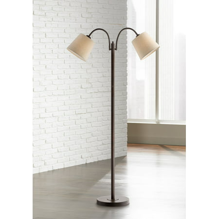 360 Lighting Modern Floor Lamp Dark Bronze Twin Arm Adjustable Gooseneck Neutral Cotton Drum Shade for Living Room Reading