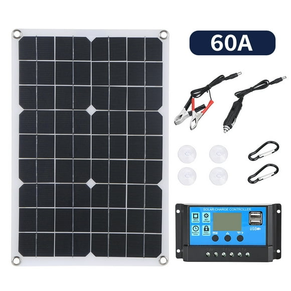 Portable 300W Solar Flexible Panel Kits Monocrystalline Silicon Solar Panel with 60A Controller Dual USB Charging Port DC5521 Battery Clamp Interface for Charging 5V Mobile Phones Sports Cameras, 12V