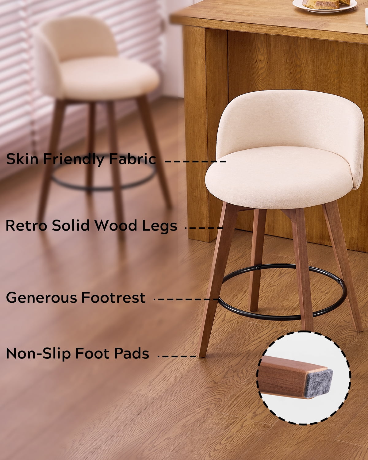 EYYTHUNG 26" Counter Height Bar Stools Set of 4 Mid Century Modern Farmhouse Swivel Barstools Chenille Fabric Upholstered, Brown/Beige