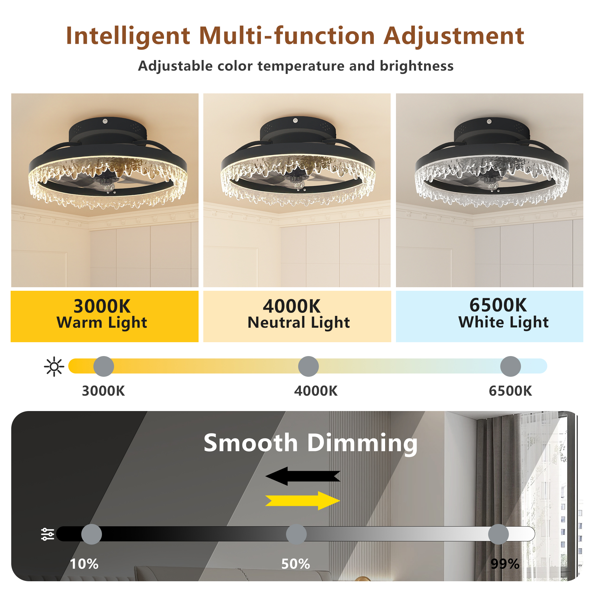 Low Profile Ceiling Fan with Lights and Remote, 15.7 Inch Black Flush Mount Fandelier, Dimmable 3-Color LED Crystal Fan for Bedroom