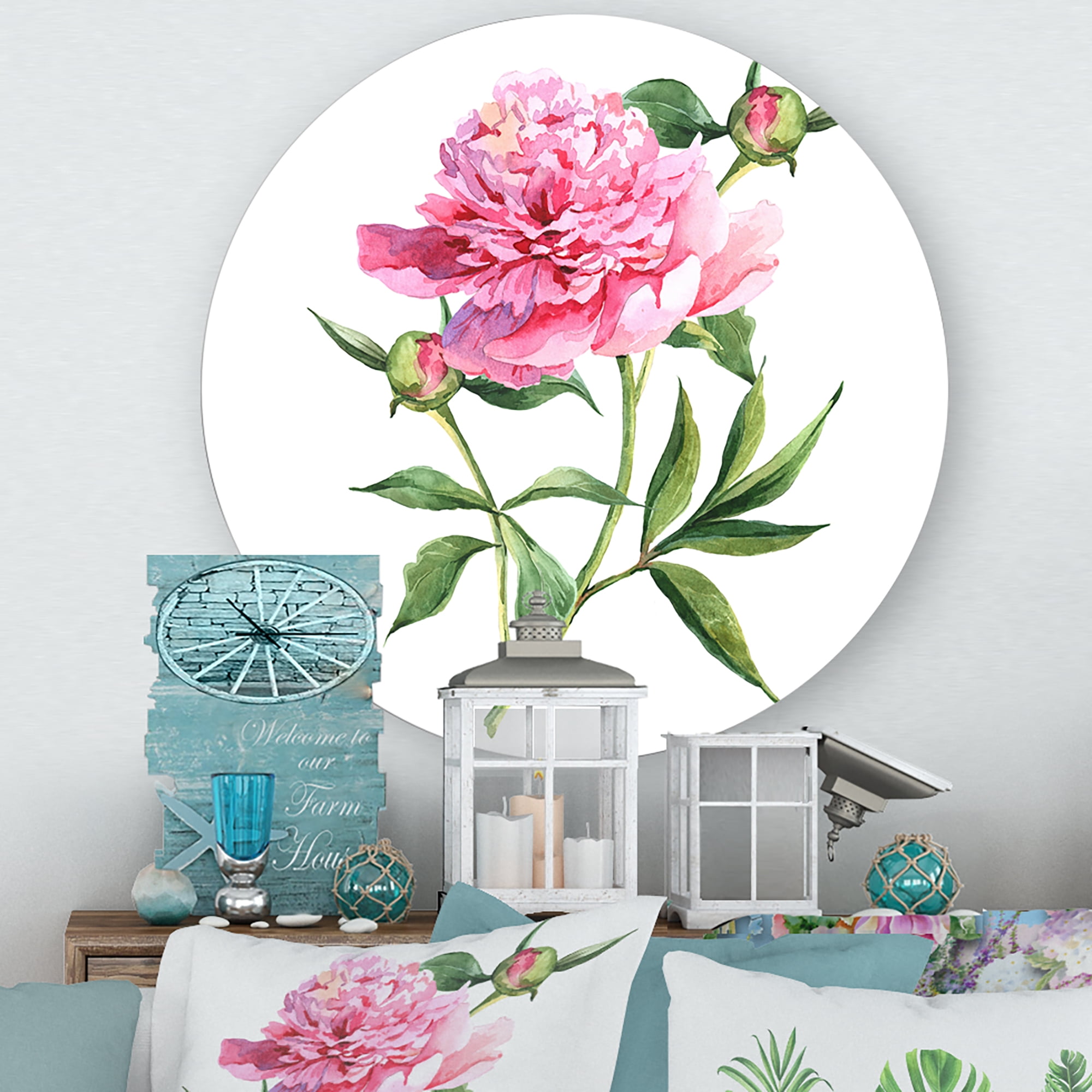 Designart 'Ancient Pink Peonies' Traditional Circle Metal Wall Art 23x23 - Disc of 23