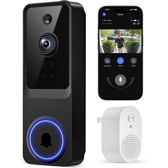 1080P Wireless Home Security Doorbell Camera with Receiver, AI Human Detection, Real-Time Alerts, 2-Way Audio, Battery Powered, Night Vision, Cloud Storage, 2.4Ghz Wi-Fi