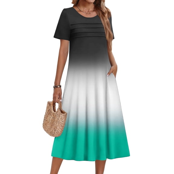 CIENVNSTG Women Summer Casual Gradient Printed Dress O Neck Loose Short Sleeve Maxi Dresses Female Beach Travel Dress Black 2XL