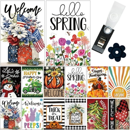 Yileqi Seasonal Garden Flag Set of 12 Double Sided 12x18 Inch, Spring Summer Memorial Day 4th of July Yard Flags for Outside Decor, Includes Free Anti-Wind Clip and Stopper
