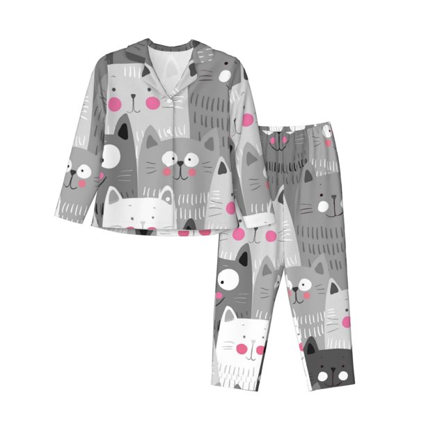 Fotbe Cats Group Conjunto de Pijama de Manga Larga para Mujer con Estampado, Ropa de Dormir de 2 Piezas, Conjunto de Casa Suave y Cómodo con Bolsillos-XX-Large
