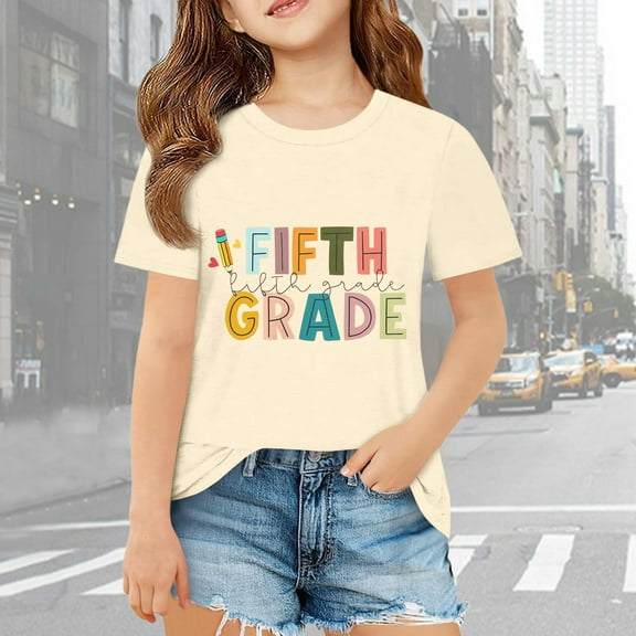 Tfken Back To School Toddler Children Girls Tops Size 9 Years-10 Years Short Sleeve Letter Print T-Shirts Cute Celebration Beige Tee