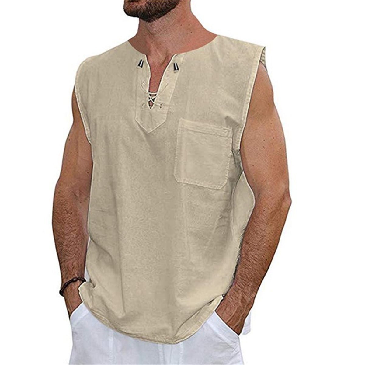 Hmlai Clearance Mens Shirts Casual Cotton Linen Loose Fit Solid Color Breathable Sleeveless Beach Tank Top Undershirt 