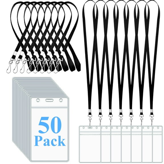 cyrico 50pcs Lanyards for ID Badges and 50 Name Tags Badge ID Card Holders, Flat Neck Name Tag with Clip Cruise Essentials Waterproof Plastic Clear Badges for School Office Supplies (Black)