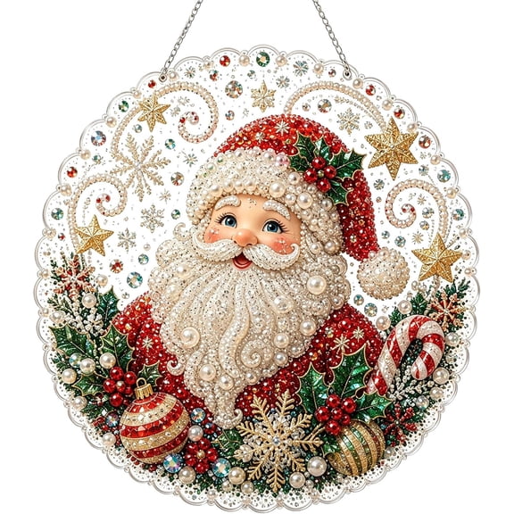 Christmas Pearl Diamond Painting Suncatcher Kit, DIY Craft Pre-Assembled Metal Chain, Acrylic Round Board with Lace Edge, 3D Mixed-Sized Pearl Beads Craft, Festive Window Wall Decor